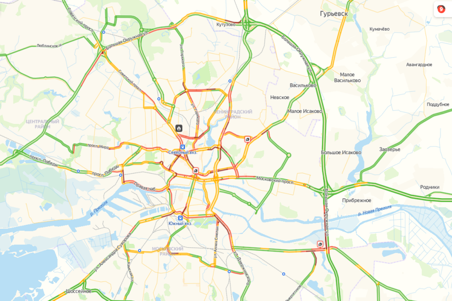 Вечером во вторник в Калининграде возникли 9-балльные пробки