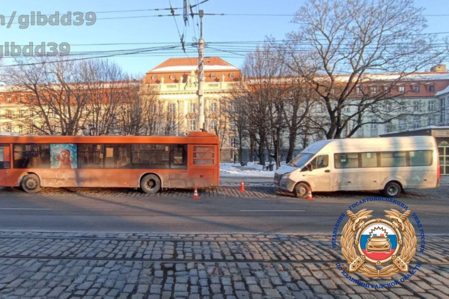На остановке в центре Калининграде столкнулись маршрутка и автобус