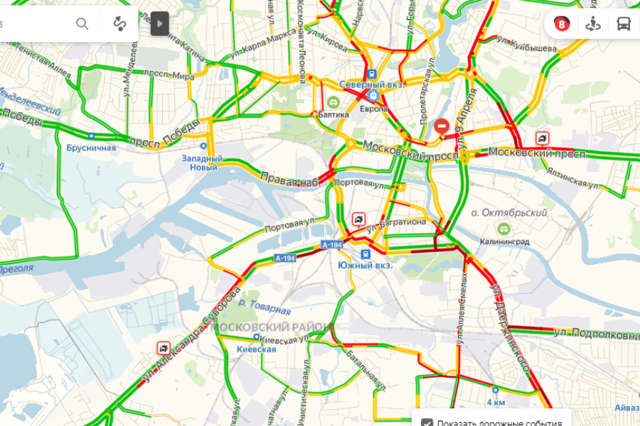 Днем в пятницу Калининград встал в 8-балльных пробках (карта)