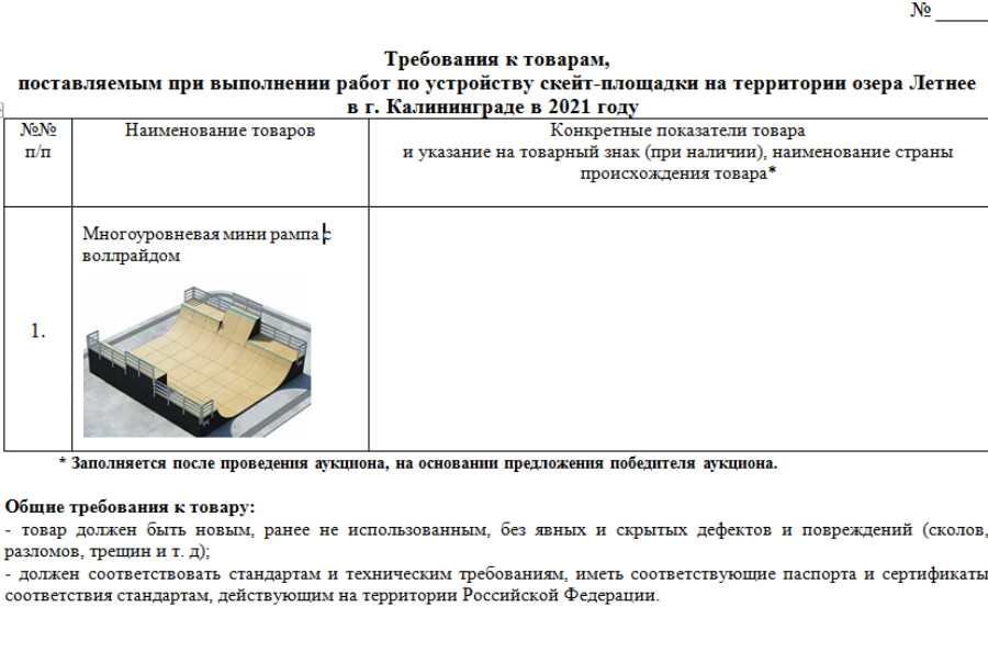 В Калининграде у Летнего озера готовятся установить скейт-площадку за 2,8 млн руб.